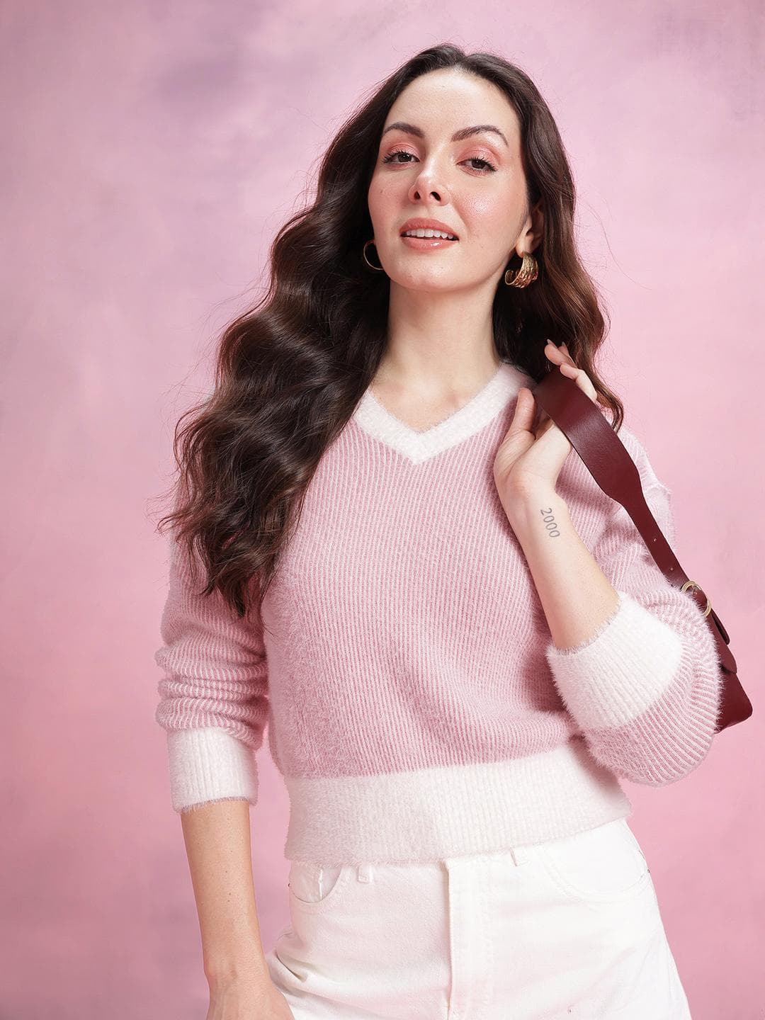 DressBerry Self Striped V-Neck Fuzzy Pullover