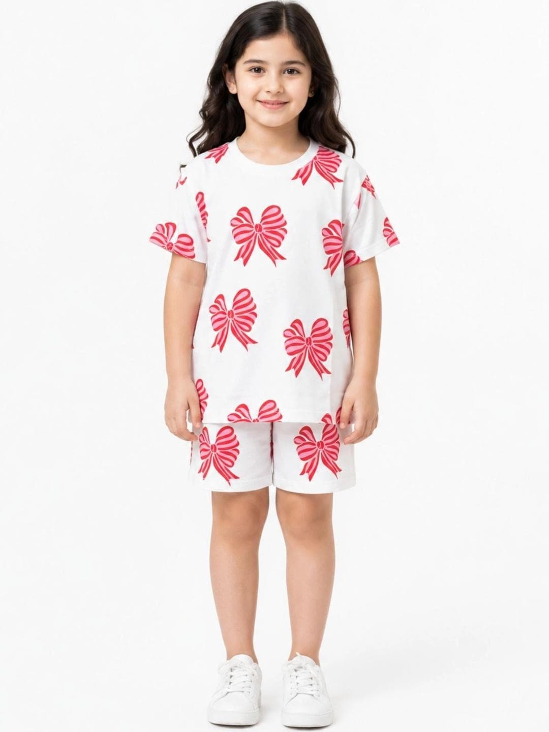Anthrilo Girls White Red Bow Printed T-shirt & Shorts Cotton Summer Set Clothing