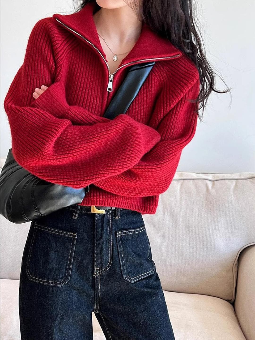DressBerry Women Ribbed Mock Collar Sweater
