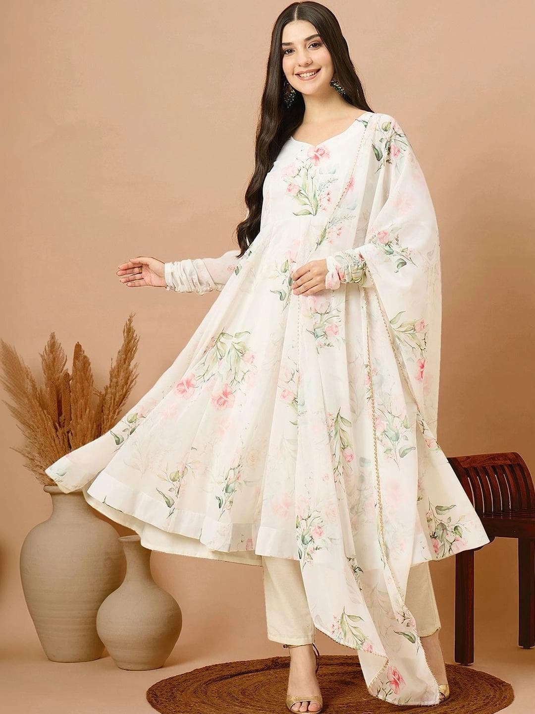 Sangria Women Floral Printed Anarkali Kurta & Trousers With Dupatta