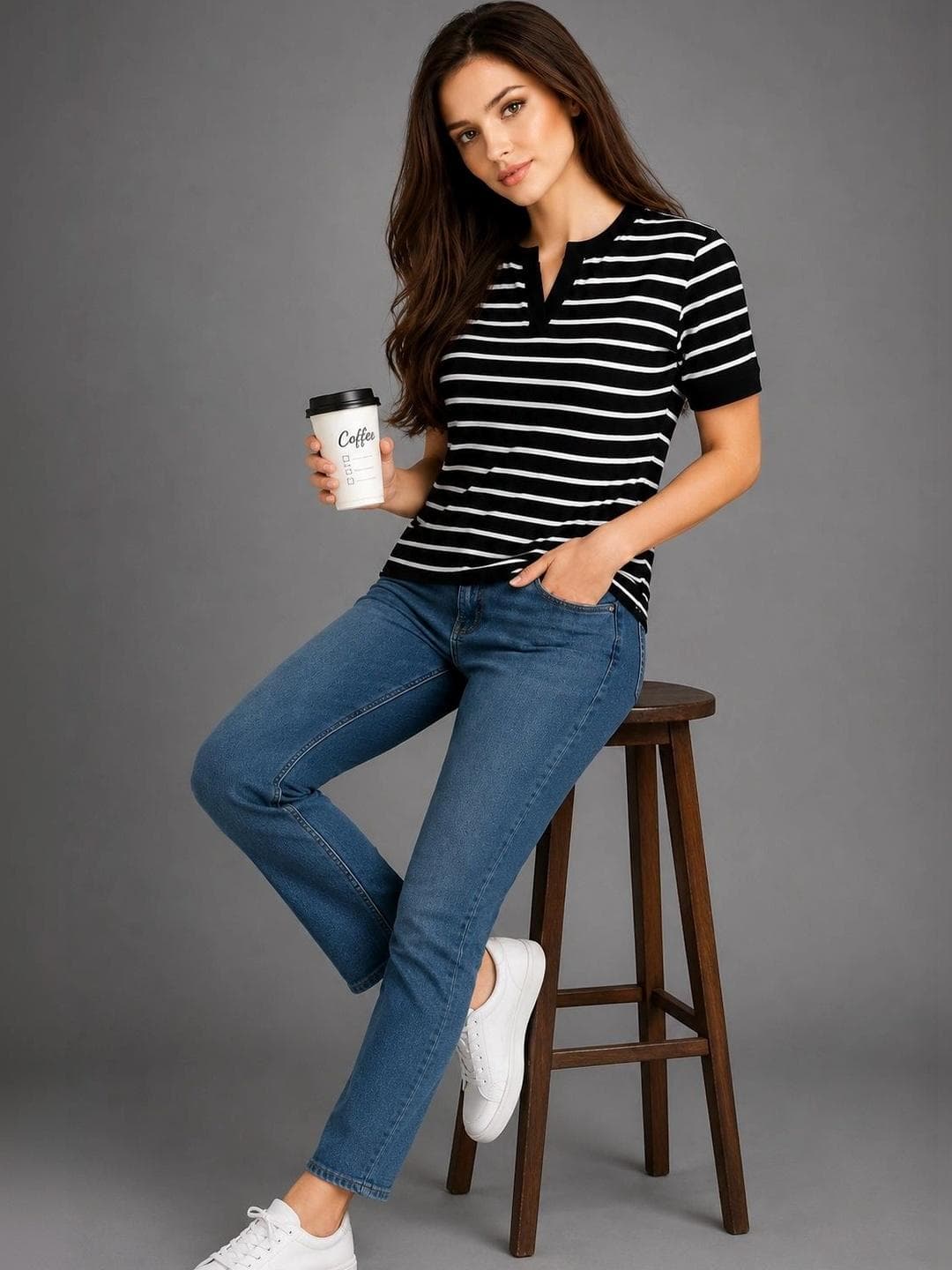 DressBerry Women Striped V-Neck Bio Finish T-shirt
