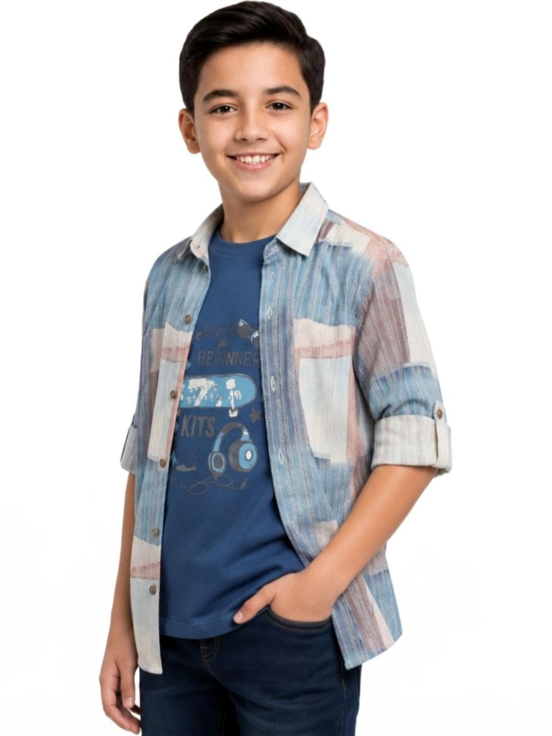 CAVIO Boys Spread Collar Abstract Printed Cotton Casual Shirt & T-Shirt