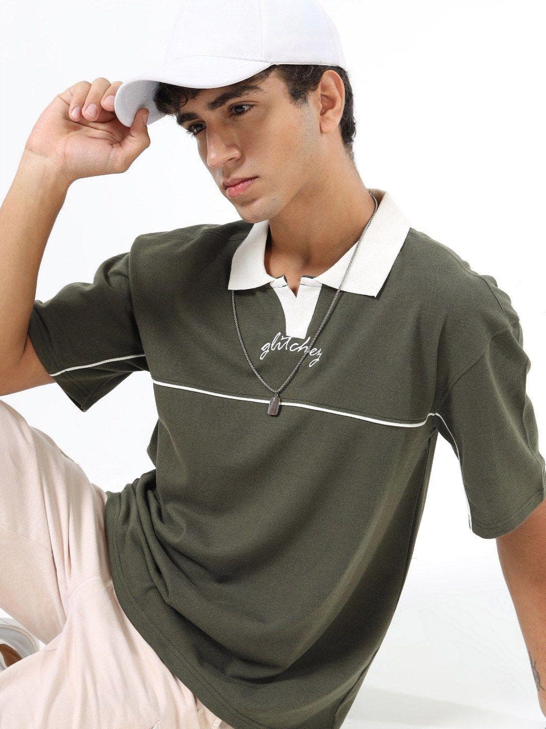 glitchez Men Typography Printed Polo Collar Relaxed Fit T-shirt