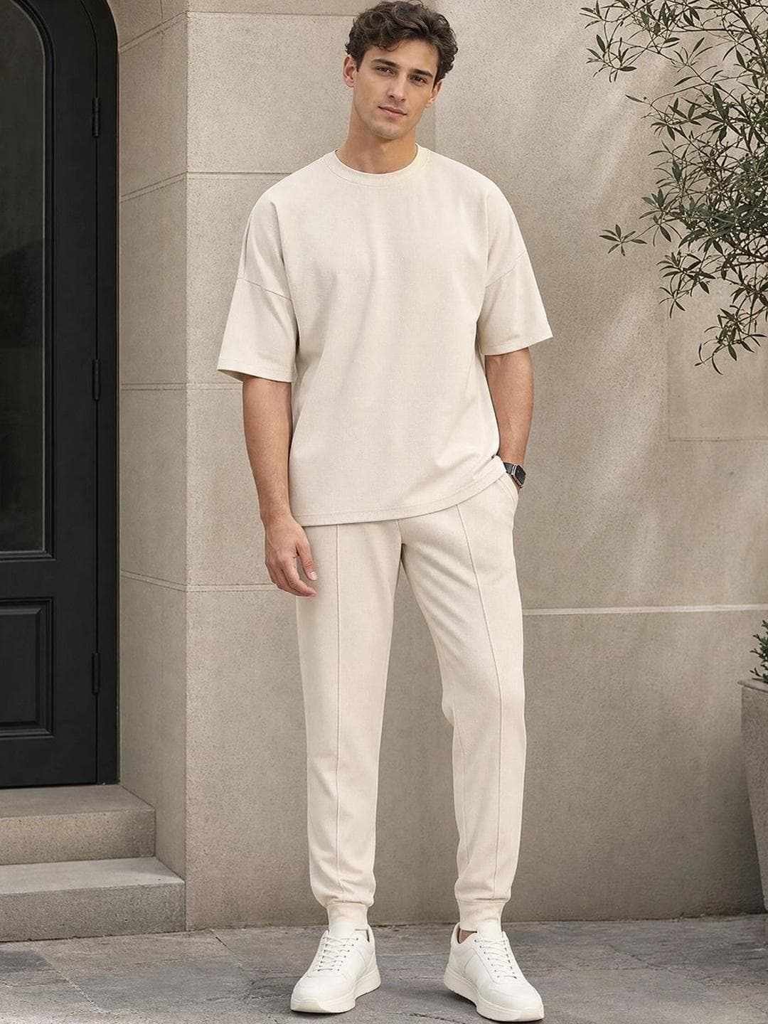 Buy NOBERO Beige Textured Round Neck T Shirt And Joggers Co Ord Set - - Apparel for Men