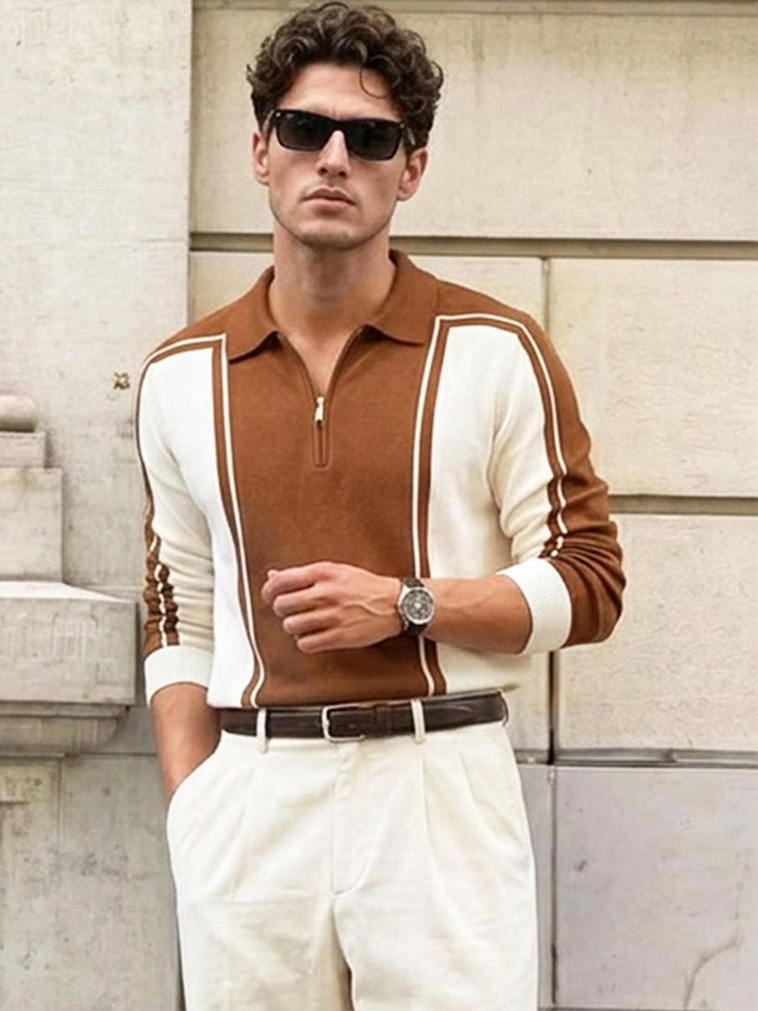 Powerlook Men Colourblocked Polo Collar Pure Cotton Casual Sweatshirt