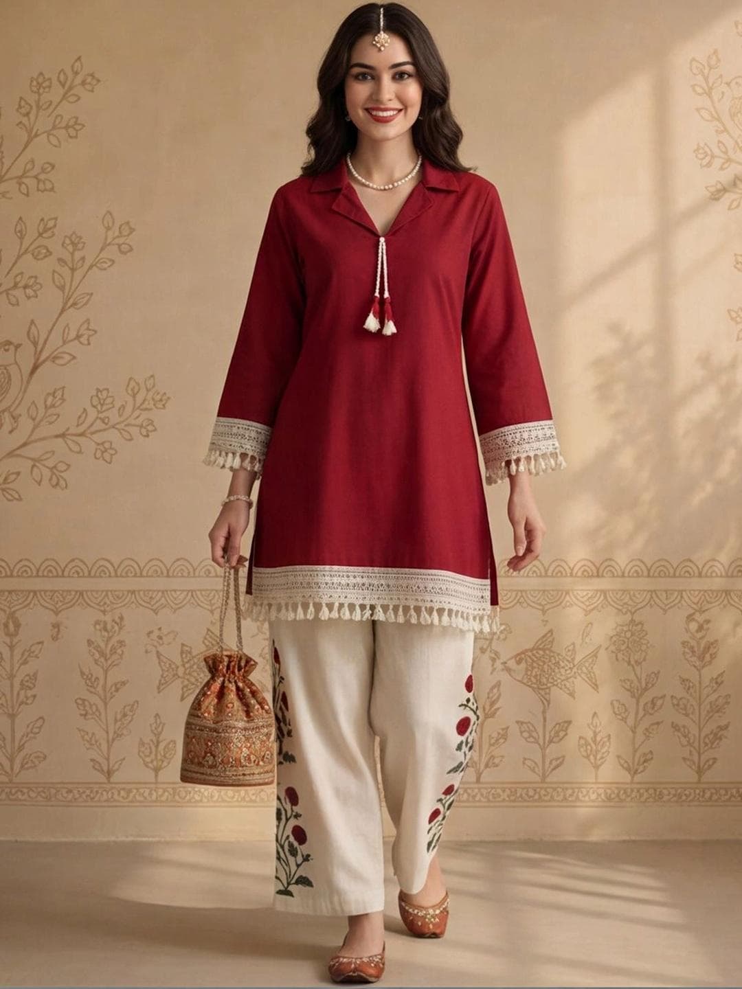 Anouk Women Floral Regular Pure Cotton Kurti with Palazzos