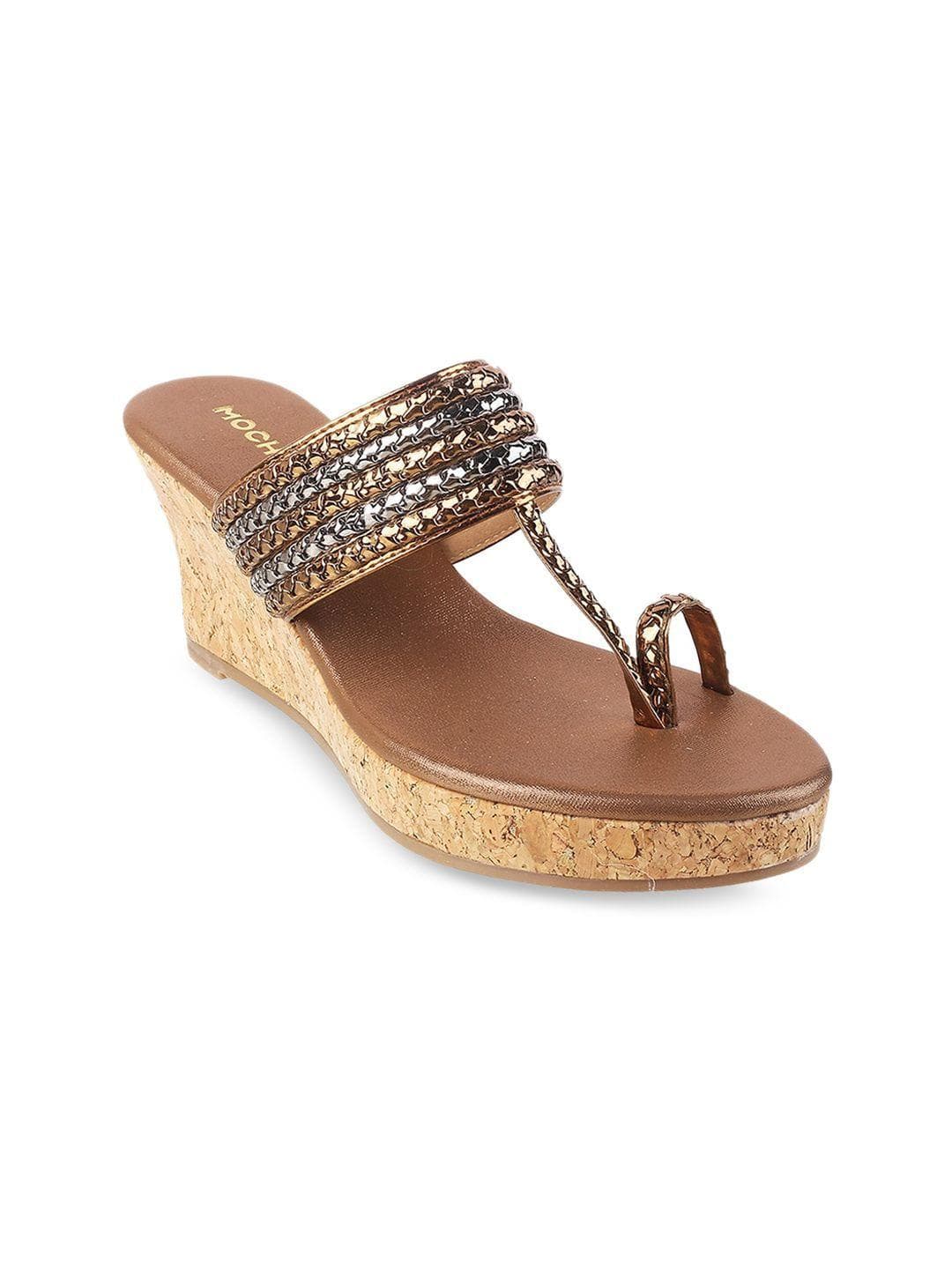 Mochi Women Gold-Toned & Silver-Toned Striped T - Strap Wedge