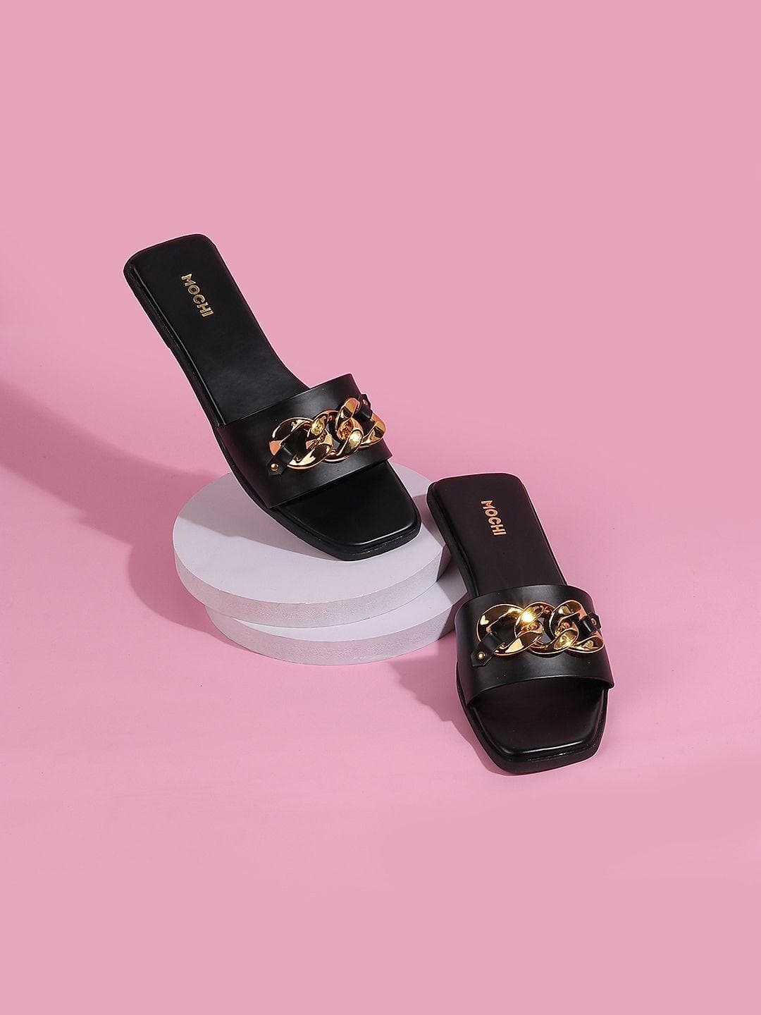 Mochi Women Black Embellished Open Toe Flats