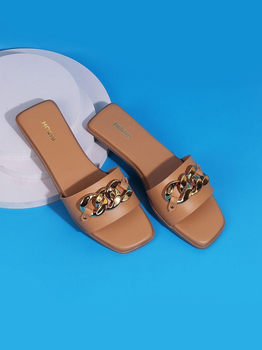 Mochi Women Beige Embellished Open Toe Flats