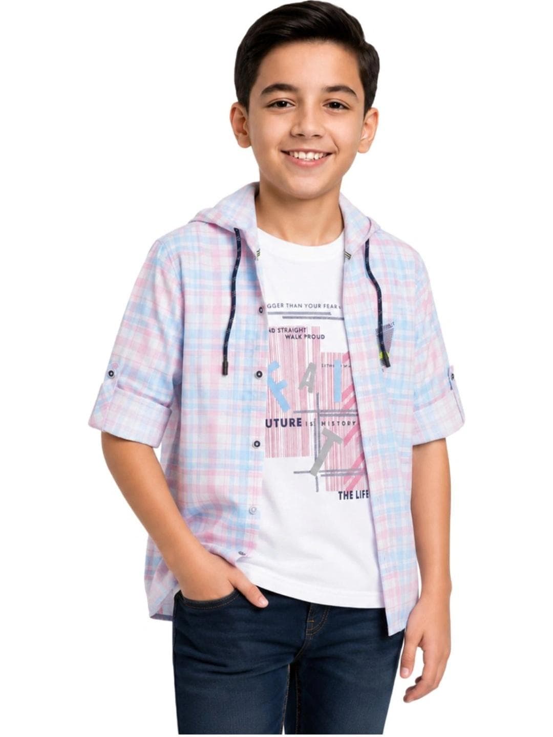 CAVIO Boys Smart Fit Hooded Tartan Checked Opaque Casual Shirt With A T-shirt