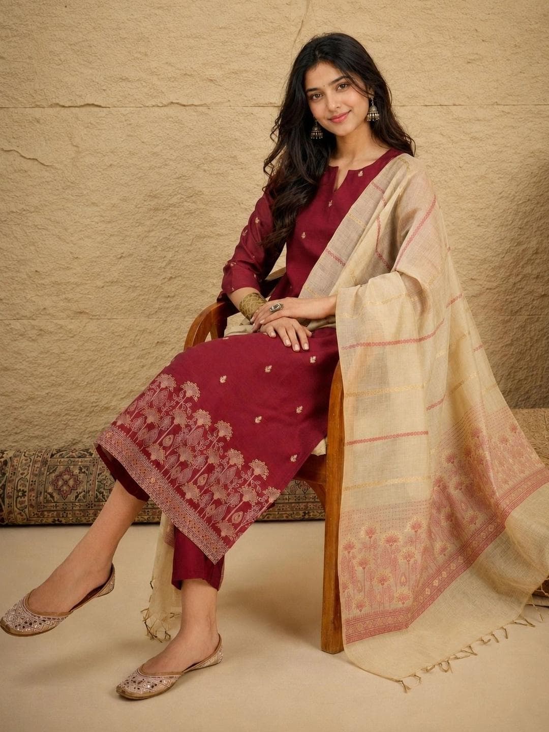 Anouk Ethnic Motifs Embroidered Regular Thread Work Chanderi Kurta with Trousers & Dupatta