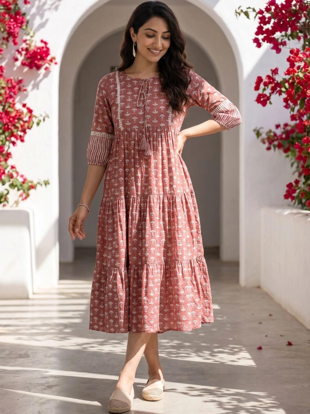 Buy Azira Pink Ethnic Motifs Tie Up Neck Cotton A Line Midi Dress - - Apparel for Women