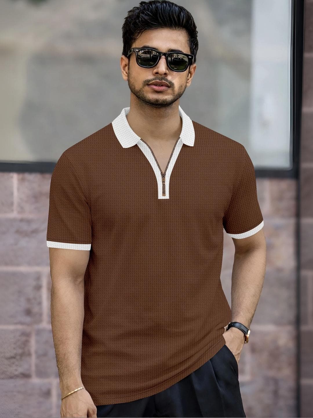 MODALEN Men Textured Polo Zip Neck Contrast Collar Tshirts
