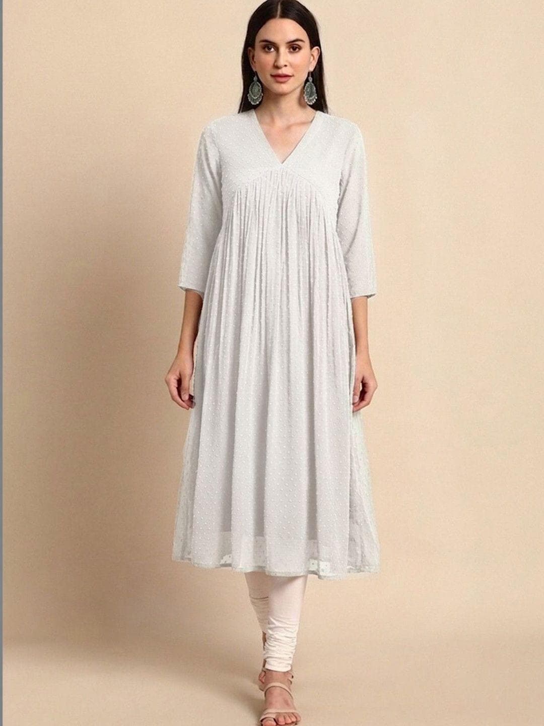 Janasya Women Off White Dobby Chiffon Self Design Flared Kurta