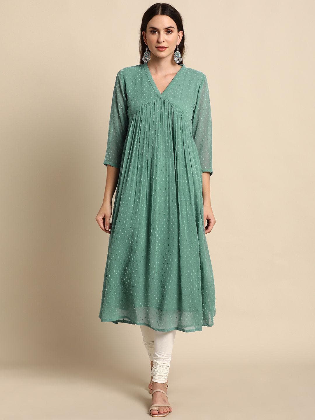 Janasya Women's Green Chiffon Self Design Flared Kurta