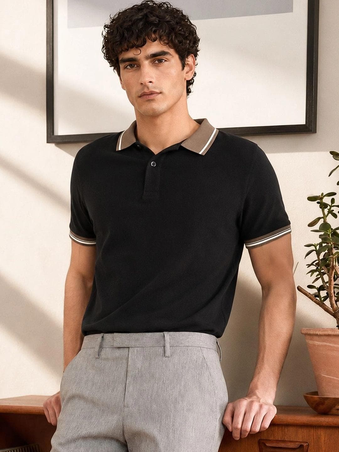 VEIRDO Men Black Solid Regular Fit Pure Cotton Polo T-shirt