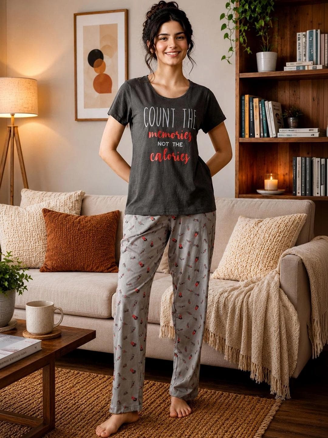 Clovia Women Grey Graphic Printed Pure Cotton T Shirt & Pyjama Set