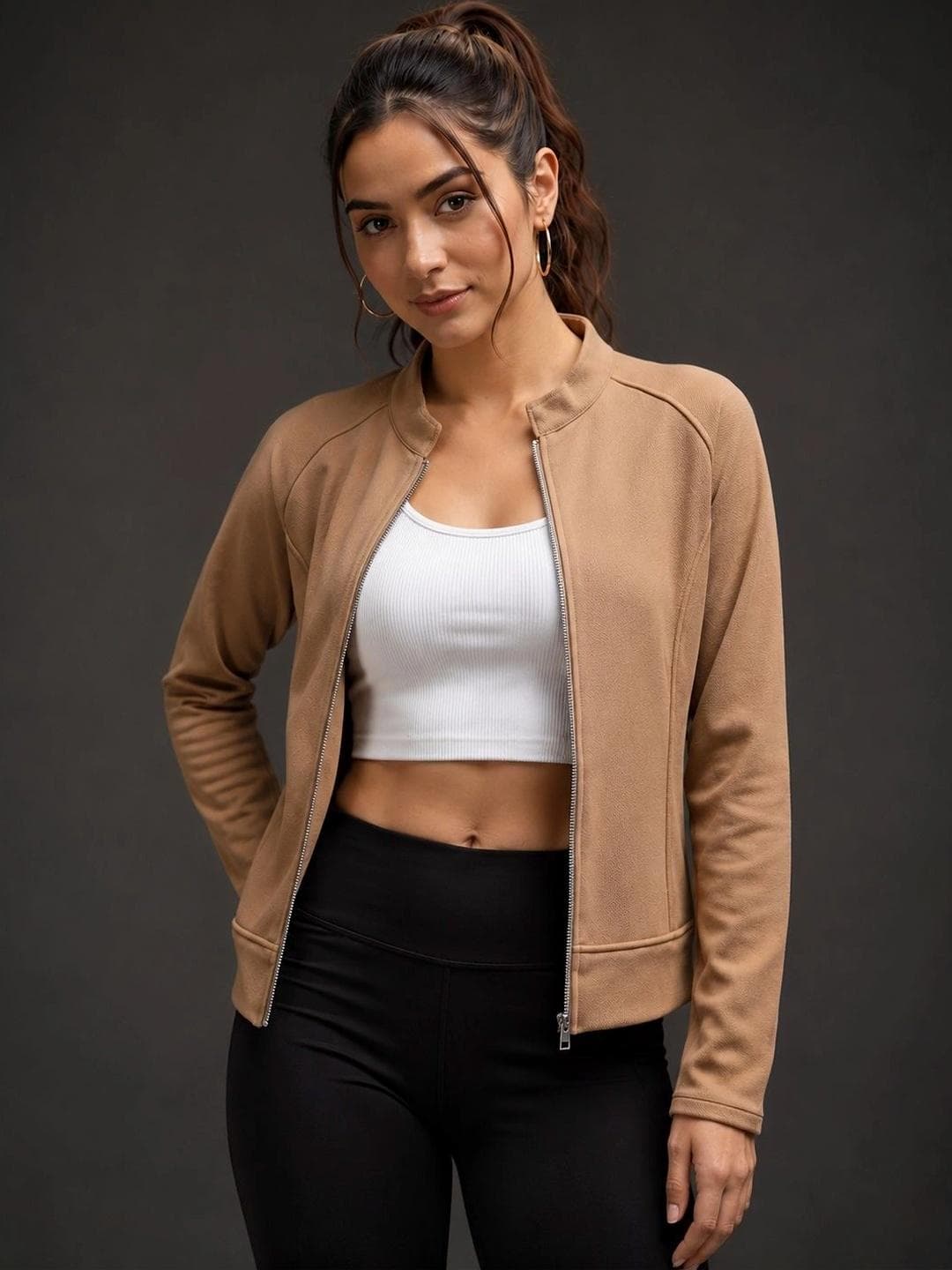 Tan Solid High Neck Zip Closure Jacket