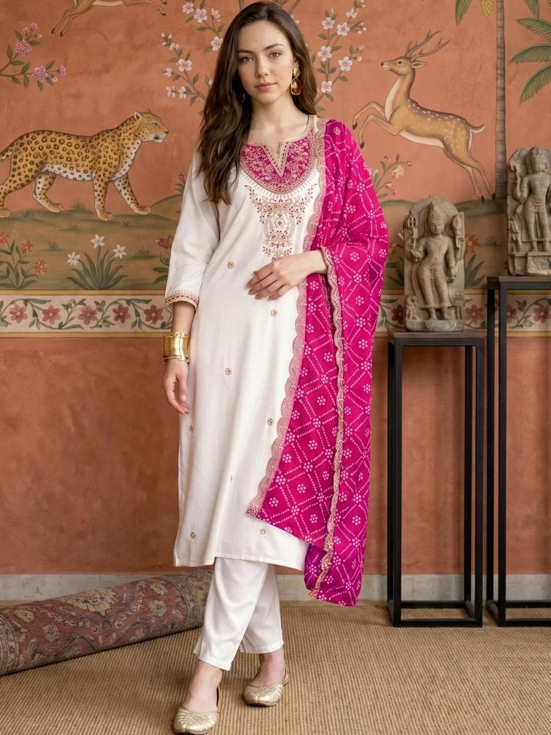 Sangria Women Ethnic Motifs Embroidered Regular Thread Work Kurta with Trousers & With Dupatta