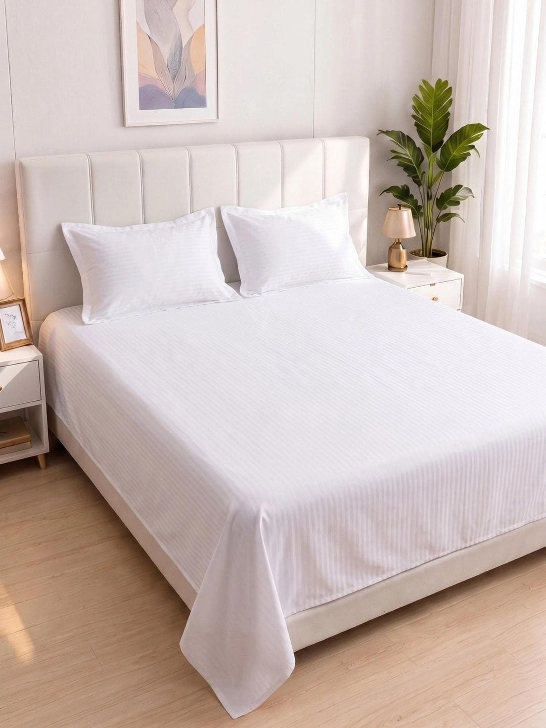 MAFATLAL White Striped 210 TC King Bedsheet with 2 Pillow Covers