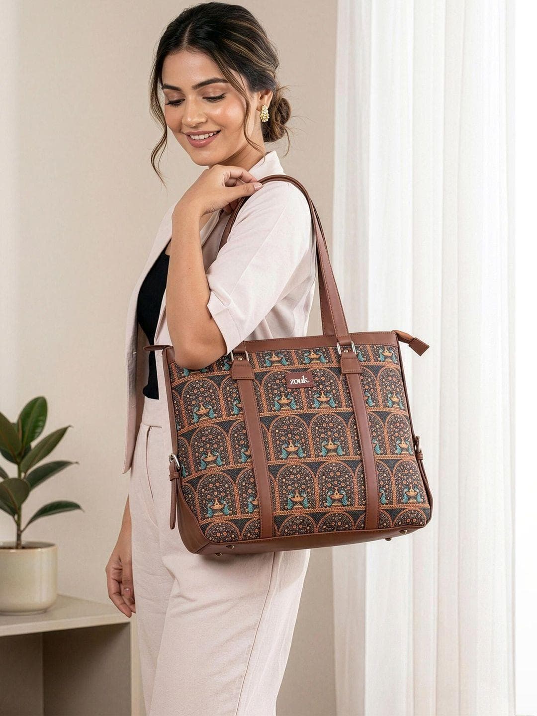 Buy ZOUK Women Brown Ethnic Motifs Printed Structured Tote Bag Office Handbag - - Accessories for Women