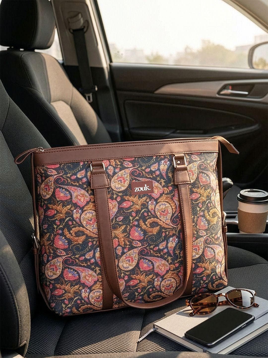ZOUK Navy Blue & Pink Printed Vegan Leather Sustainable Shoulder 16 Inch Laptop Tote Bag