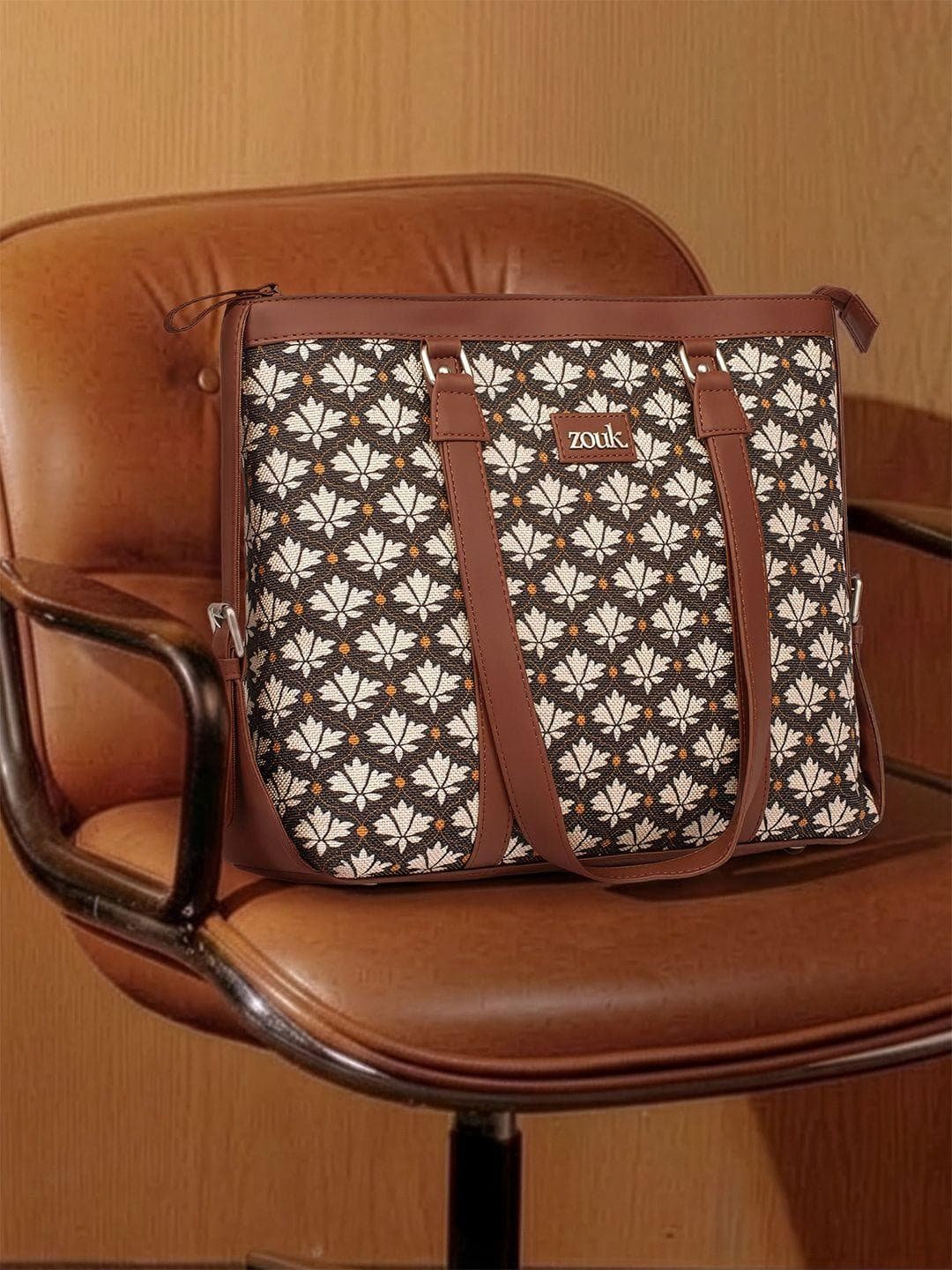 ZOUK Black Floral Print Structured Laptop HandTote Bag