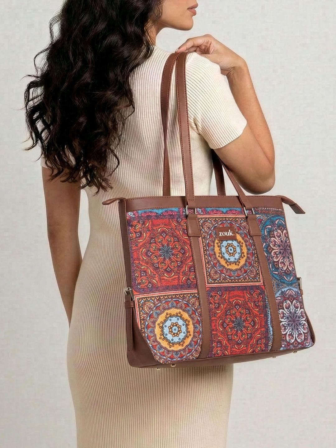 ZOUK Brown Ethnic Motifs Printed Laptop Structured Shoulder Tote Bag