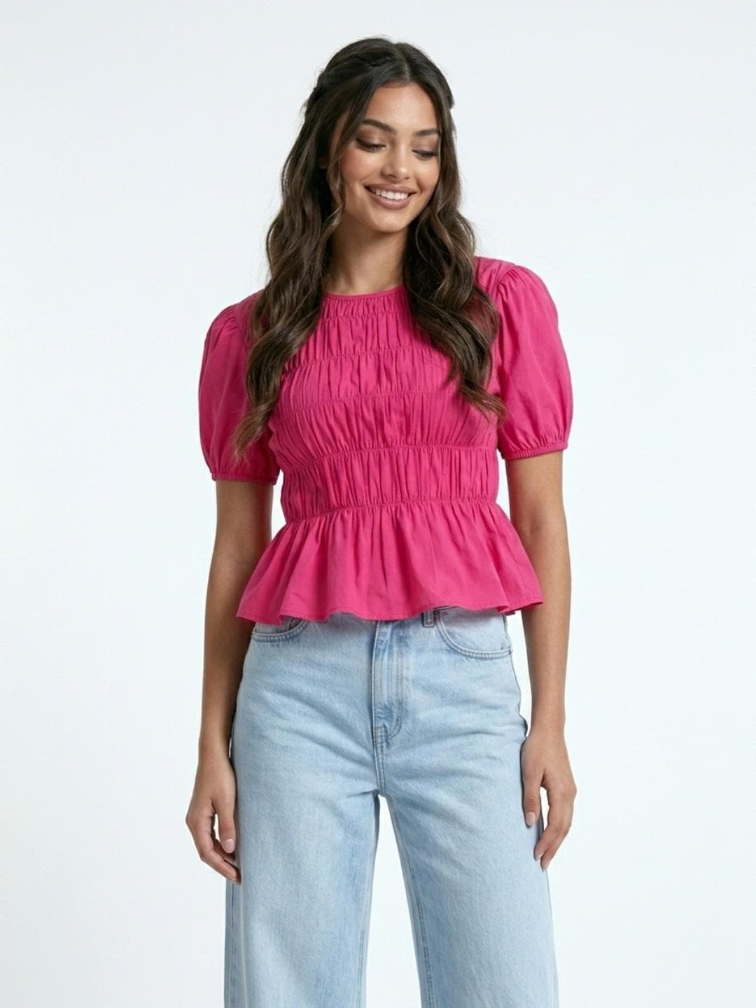 glitchez Puff Sleeve Smocked Pure Cotton Top