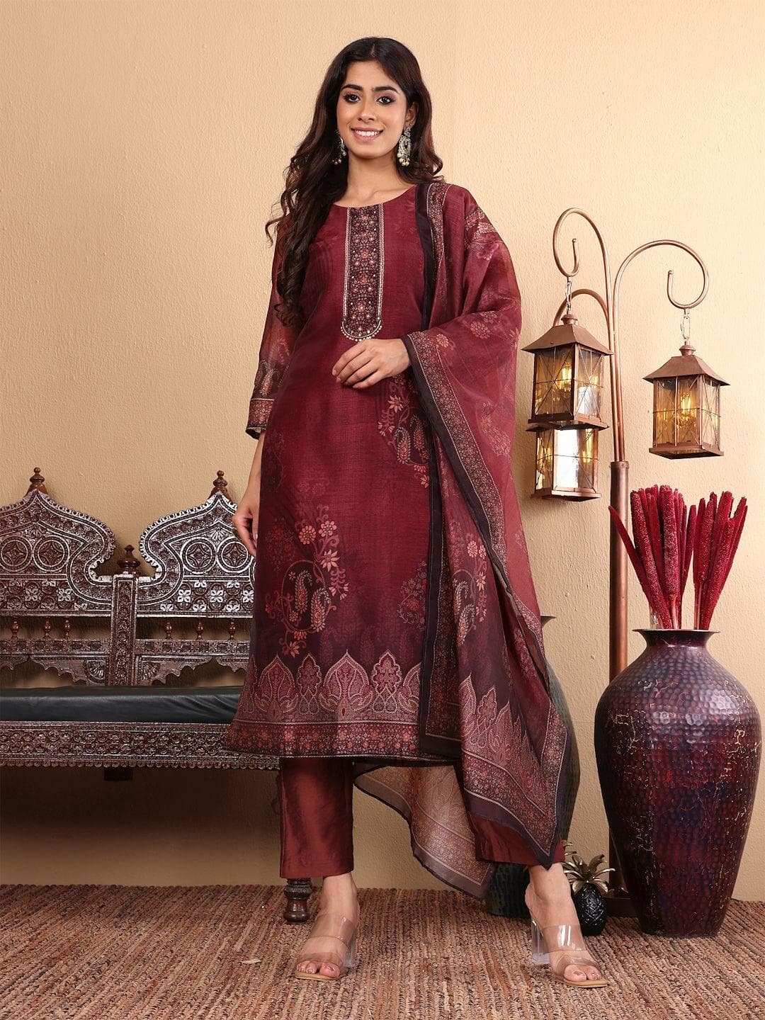 Varanga Floral Printed Sequinned Chanderi Silk Straight Kurta with Trousers & Dupatta