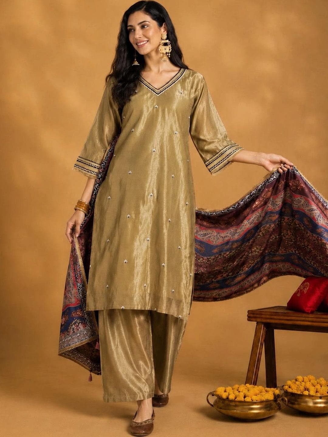 Varanga Women Floral Embroidered Kurta with Trousers & Dupatta