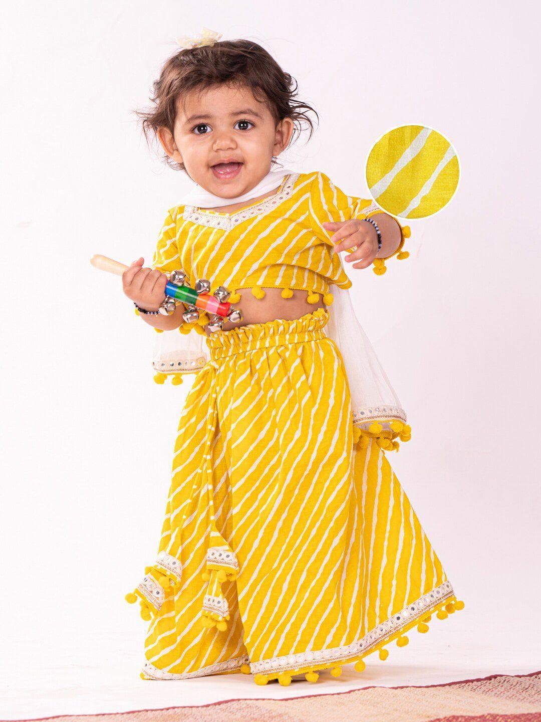 VASTRAMAY Girls Yellow Lehariya Lehenga Choli With Dupatta