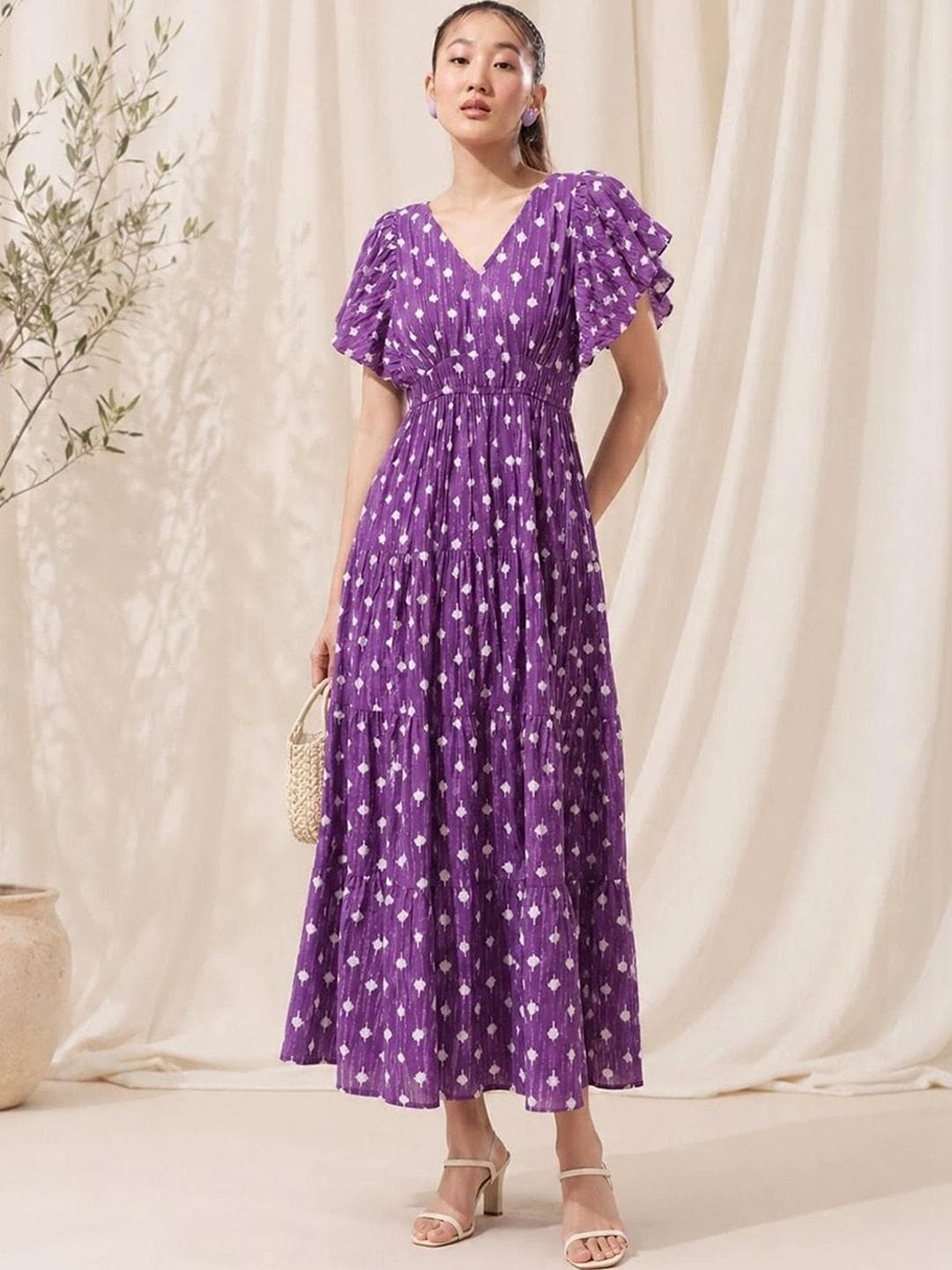 Varanga Print Flutter Sleeve A-Line Maxi Dress