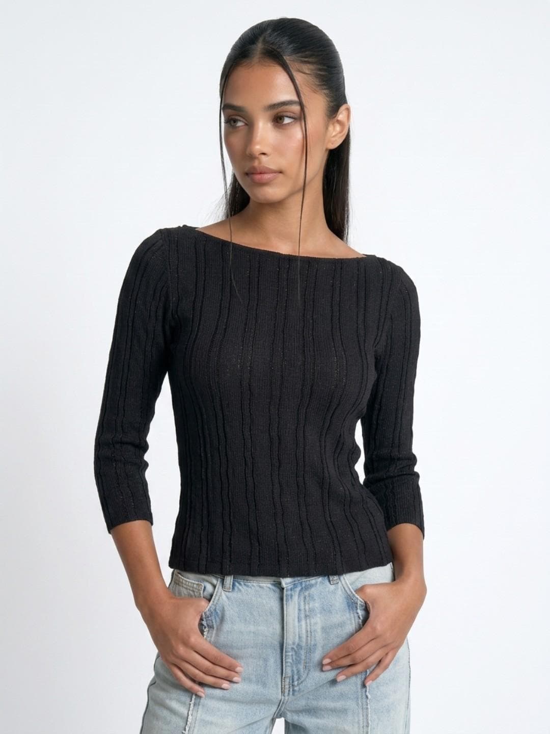 Black Boat Neck Textured Fitted Top