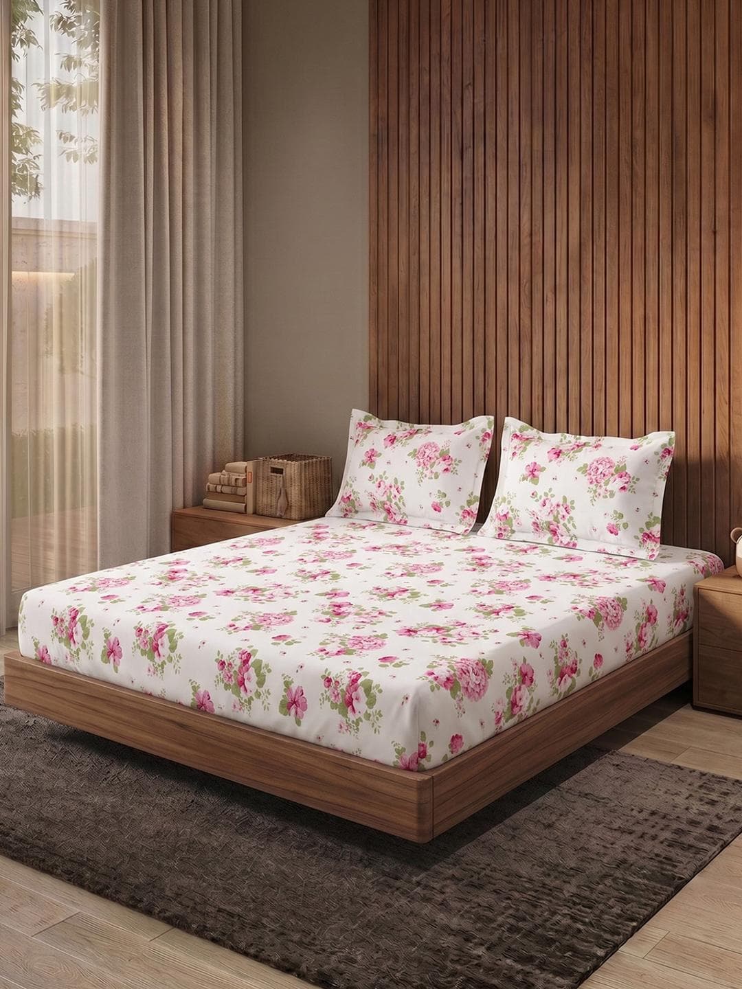 DDecor Pink & White Floral 144 TC Queen Bedsheet with 2 Pillow Covers