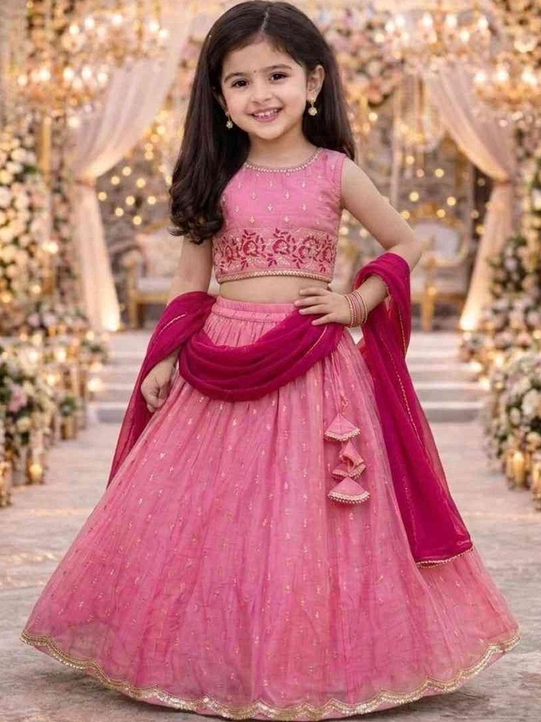 KALINI Girls Embroidered Mirror Work Ready to Wear Lehenga & Blouse With Dupatta