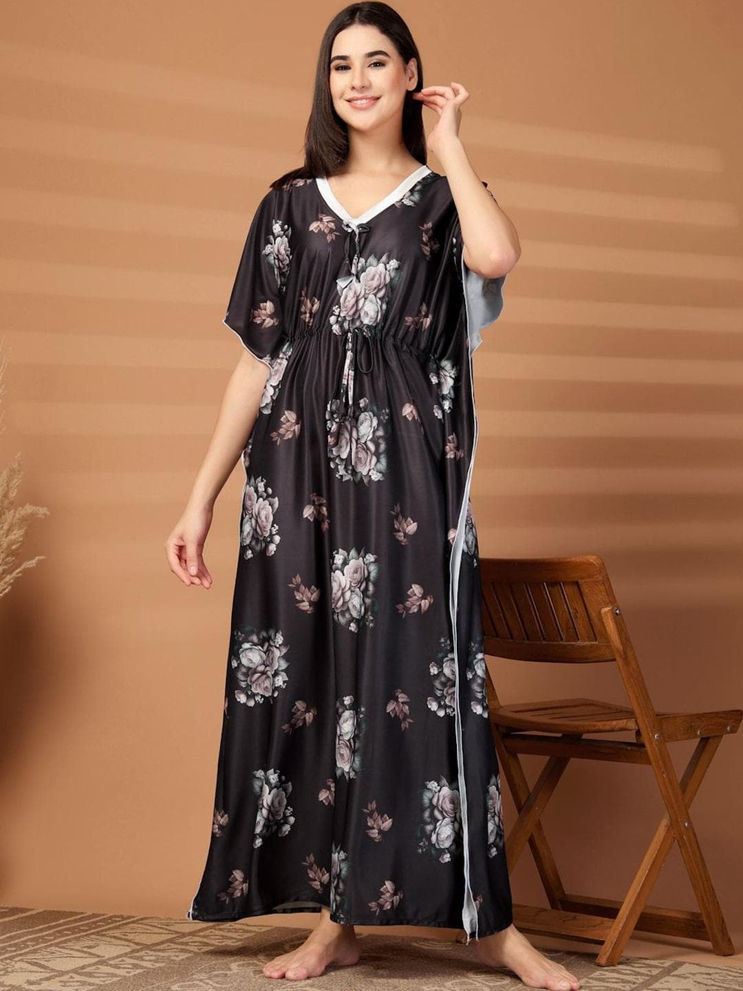 FABINALIV Women Black Floral Graphic Printed V-Neck Kaftan Nighty