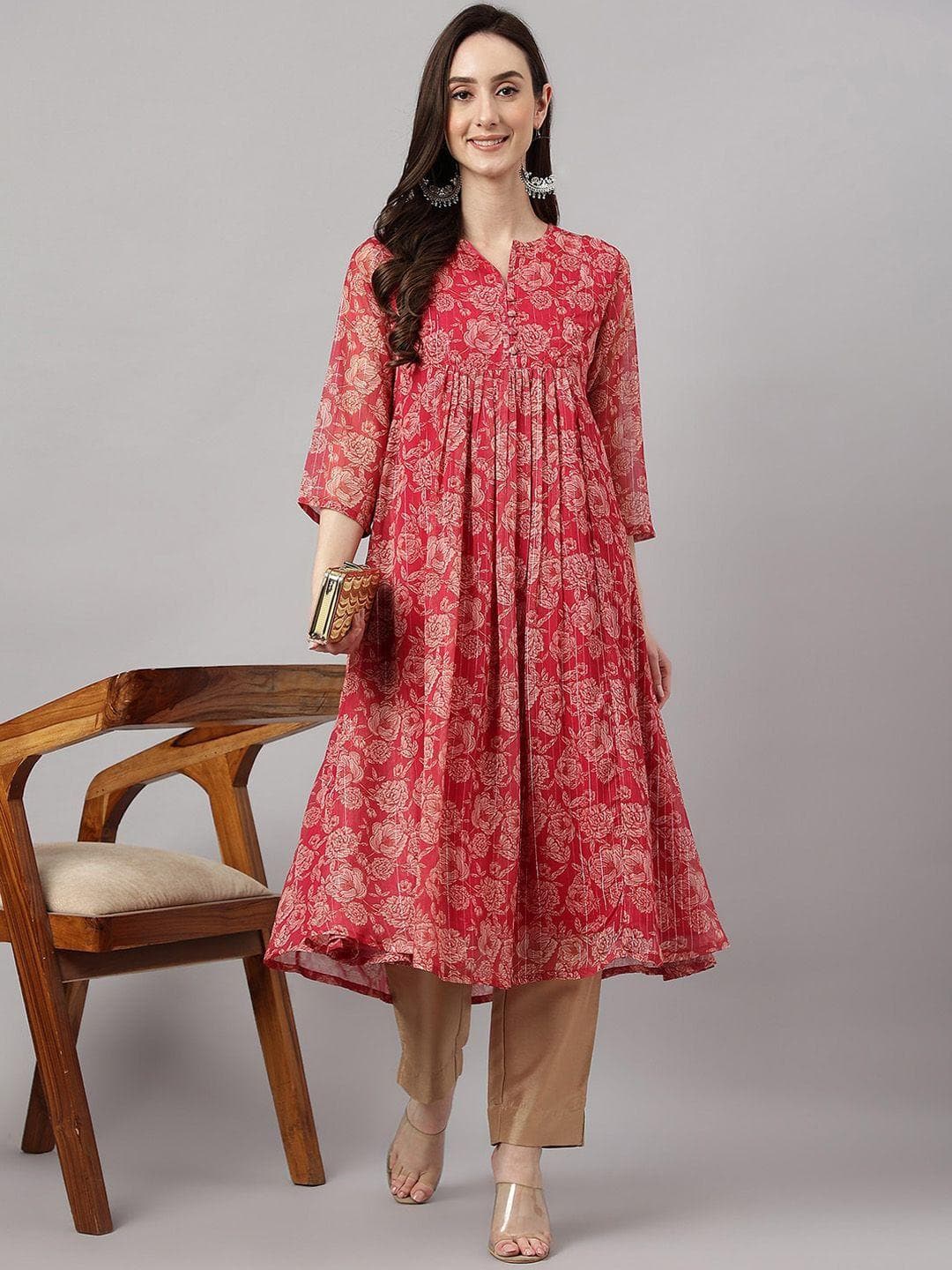 Janasya Women's Dark Pink Chiffon Lurex Floral Printed flared Kurta