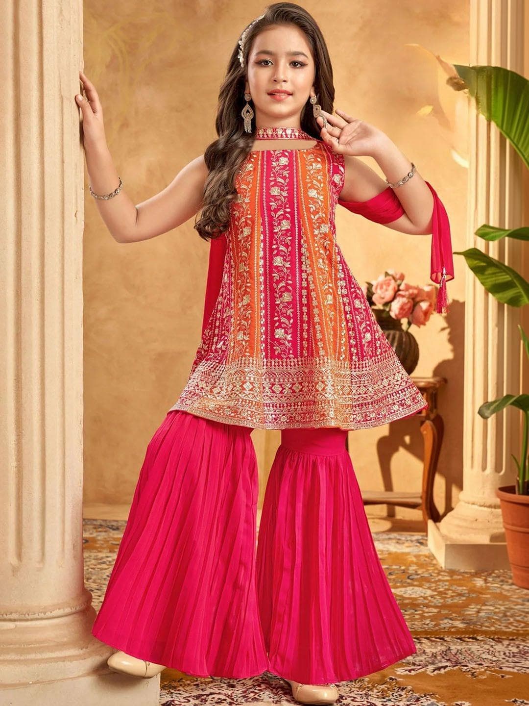 UFB Girls Leheriya Embroidered Panelled Thread Work Kurti & Sharara With Dupatta
