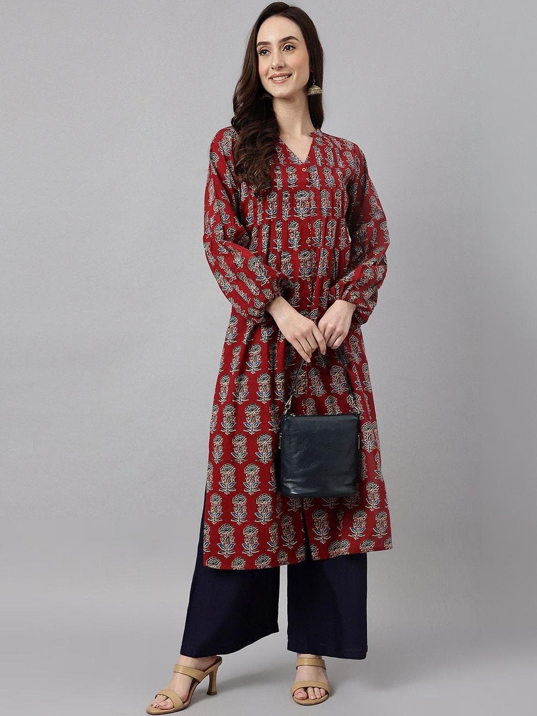 Janasya Women Maroon Pure Cotton Floral Printed Flared Kurta