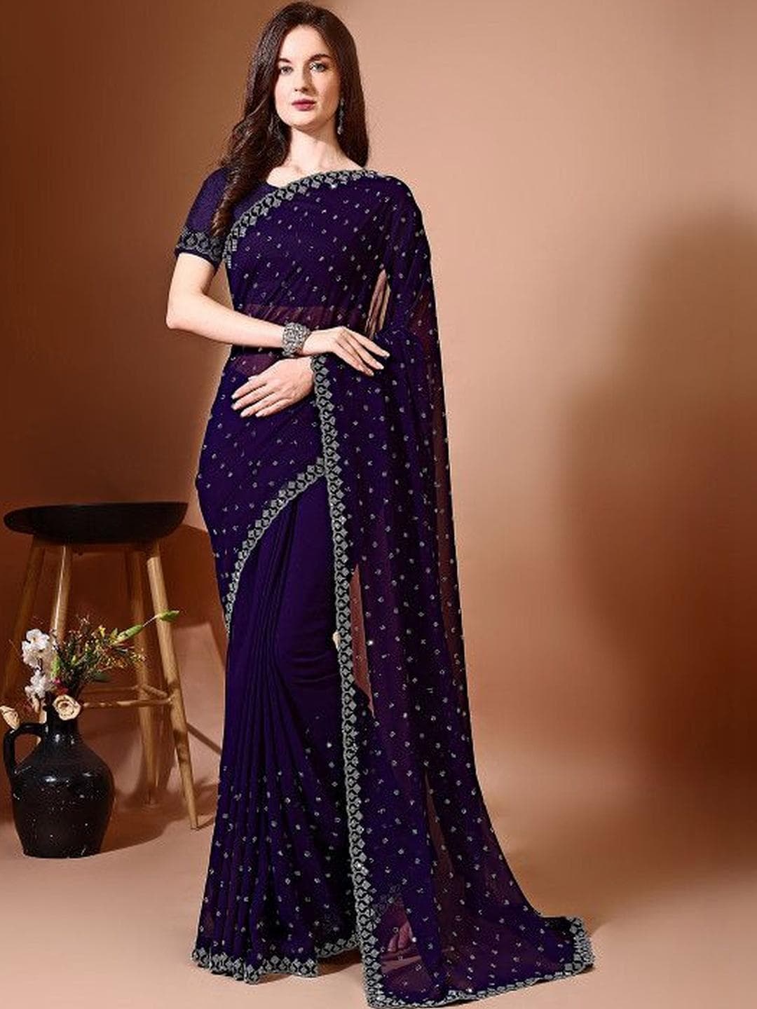 Leelavati Women Embellished Beads and Stones Pure Chiffon Saree