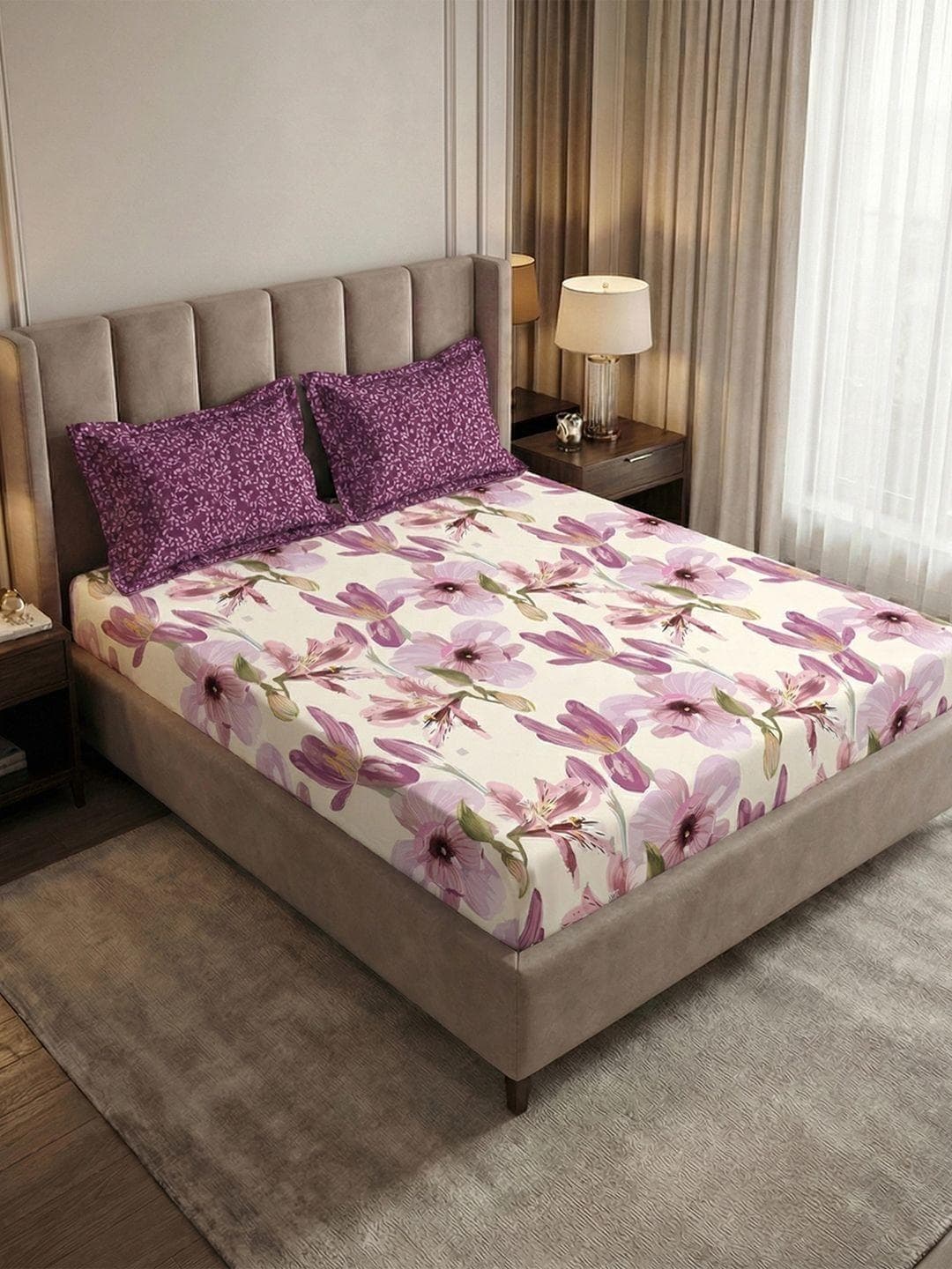 MYTRIDENT Pink & Purple Floral 180 TC King Bedsheet with 2 Pillow Covers