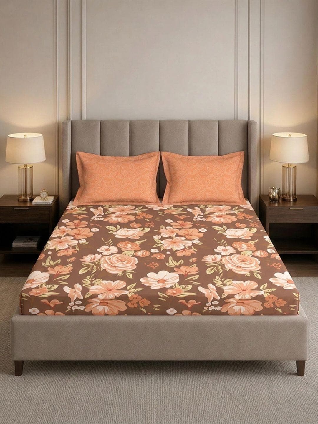 MYTRIDENT Brown Floral 180 TC King Bedsheet with 2 Pillow Covers