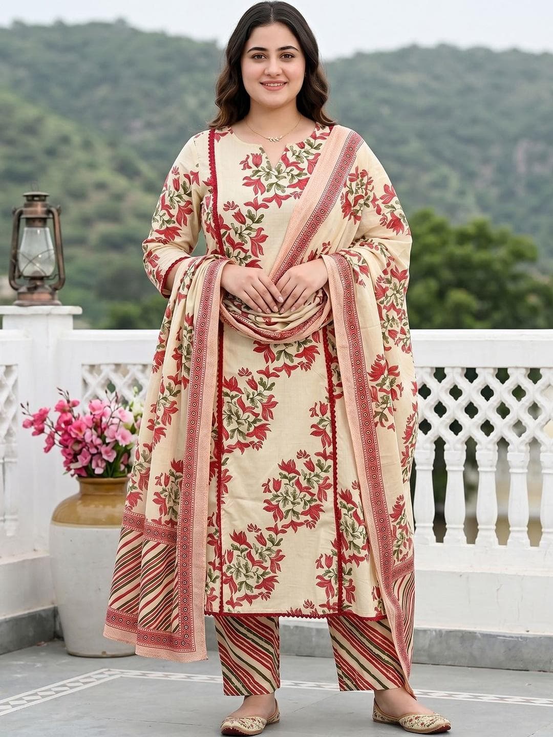 Anouk Women Floral Printed Regular Pure Cotton Kurta with Trousers & With Dupatta