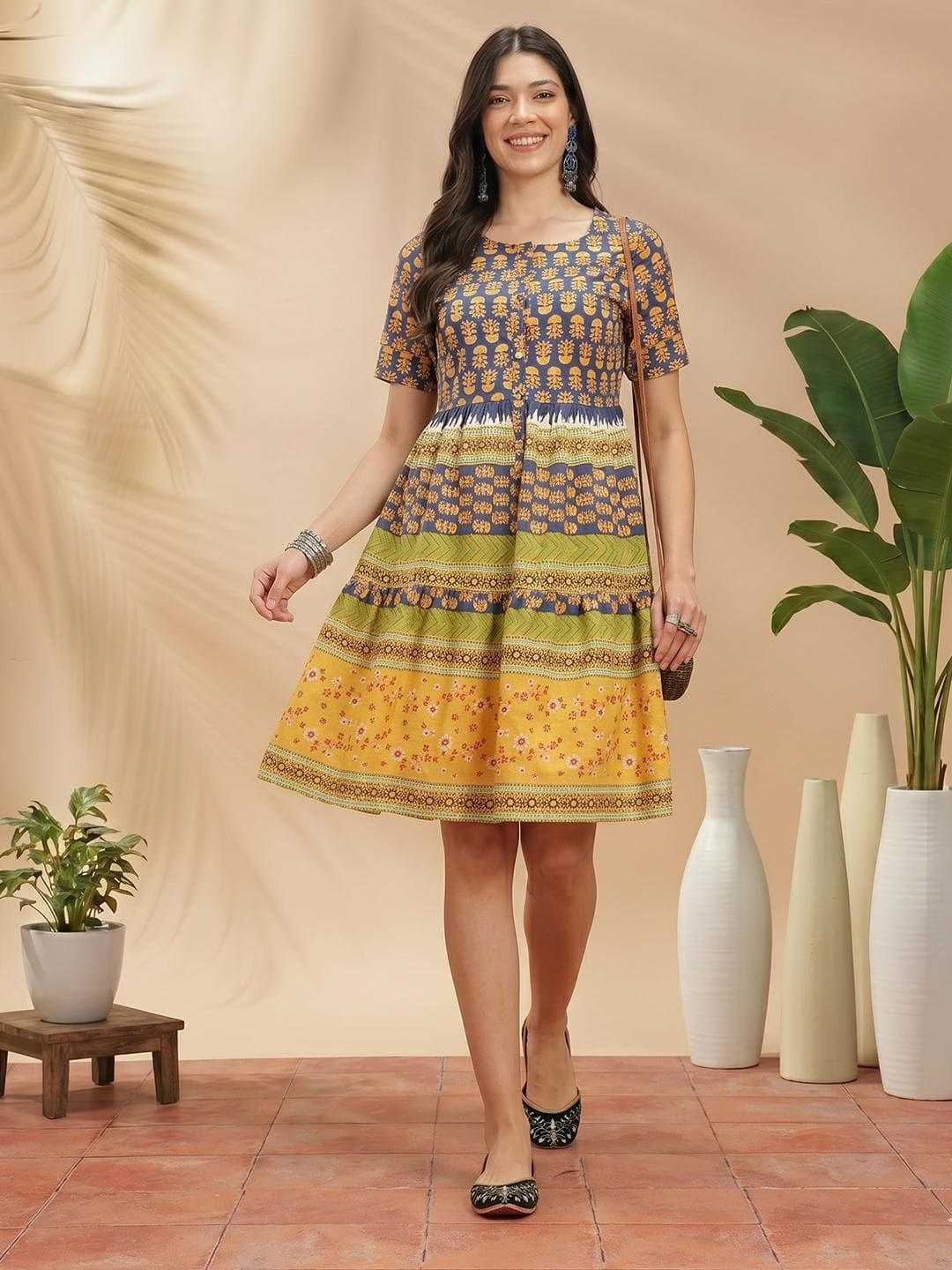 Sangria Floral Print Cotton A-Line Ethnic Dress