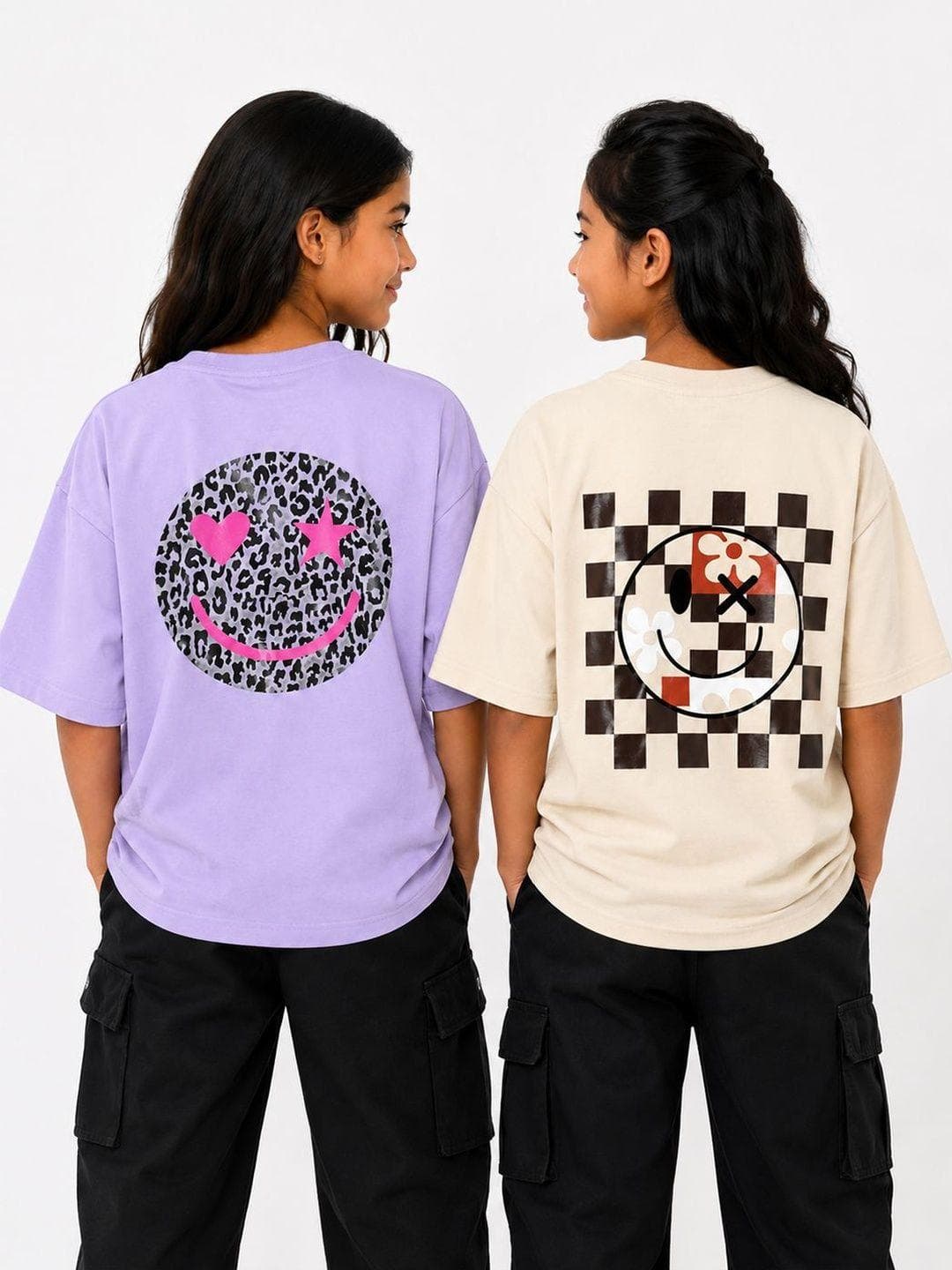KEESOR Girls Pack Of 2 Printed Cotton Oversized Tshirts