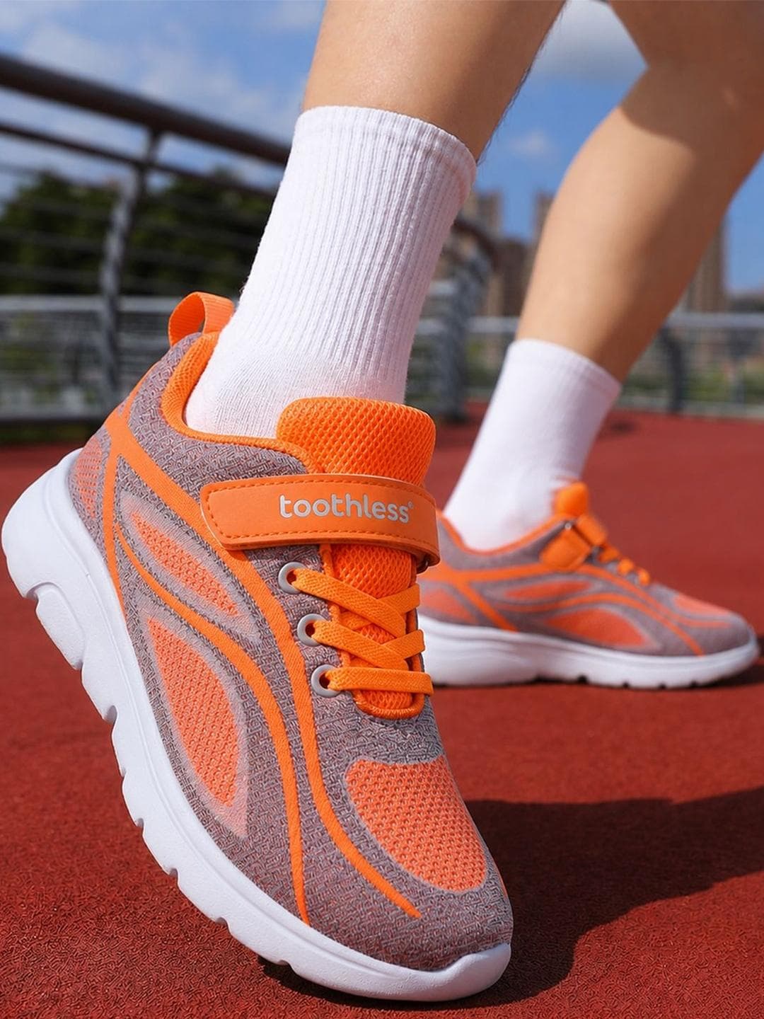 toothless Boys Orange Mesh Running Cushioned Soft Sole Lace Up Sport Active Wear Shoes