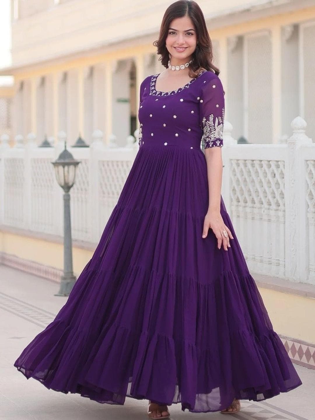 Sangria Embroidered Round Neck Fit & Flare Ethnic Dresses