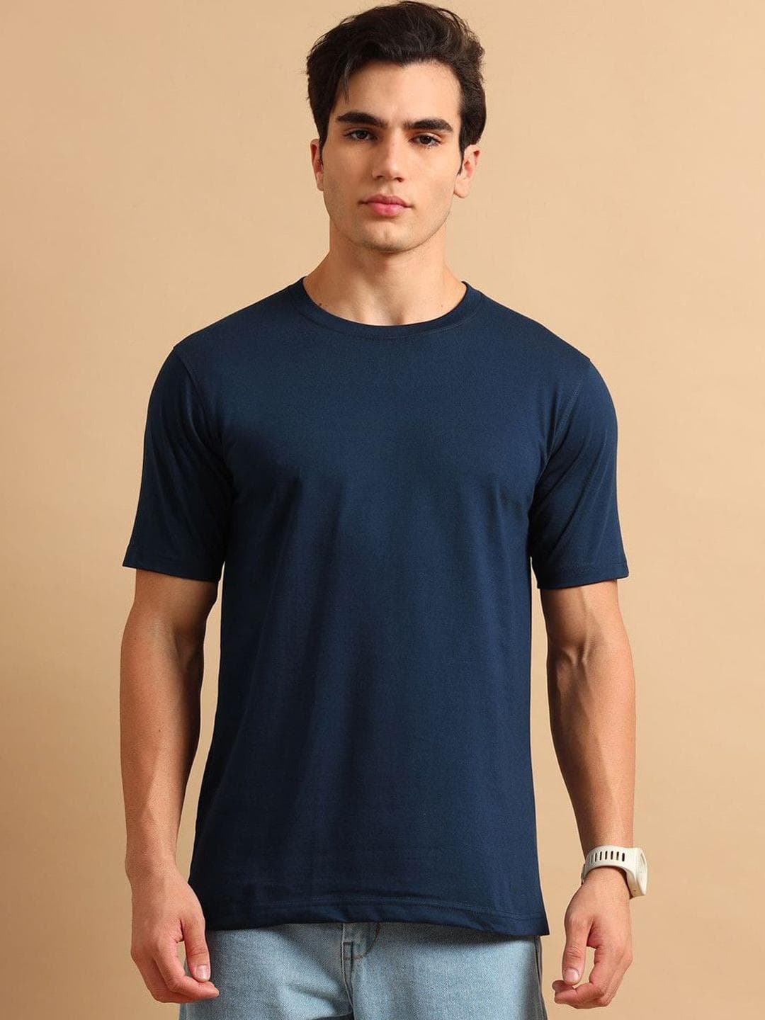Bushirt Men Solid Round Neck Cotton T-shirt