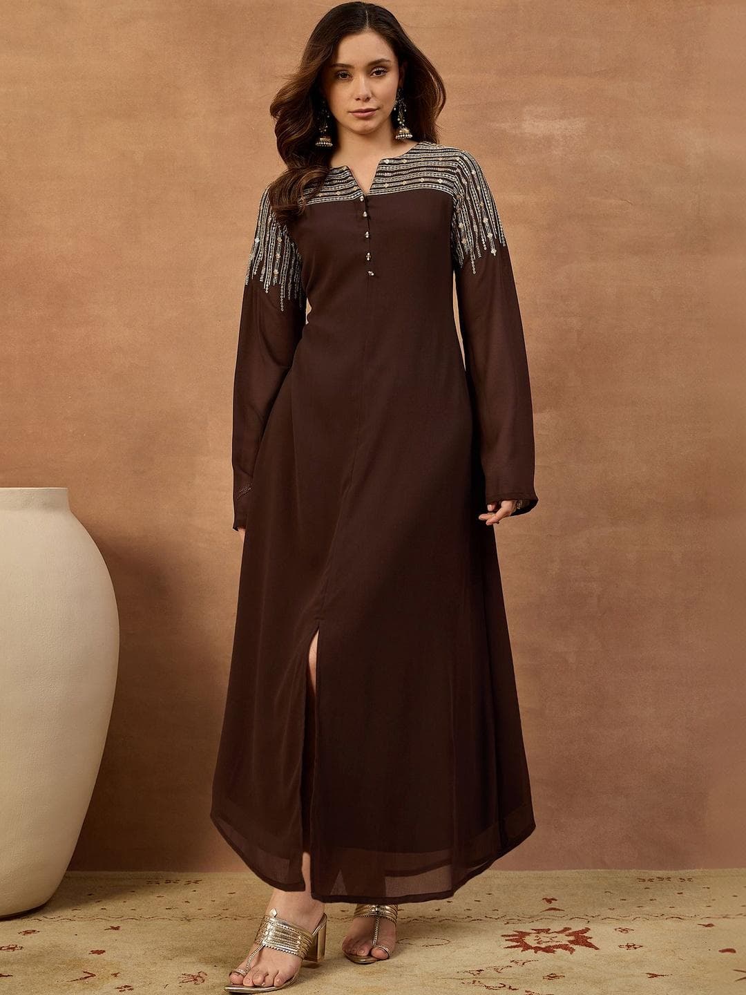 Buy Inddus Women Ethnic Motifs Sequinned Embroidered Ethnic Dress - - Apparel for Women
